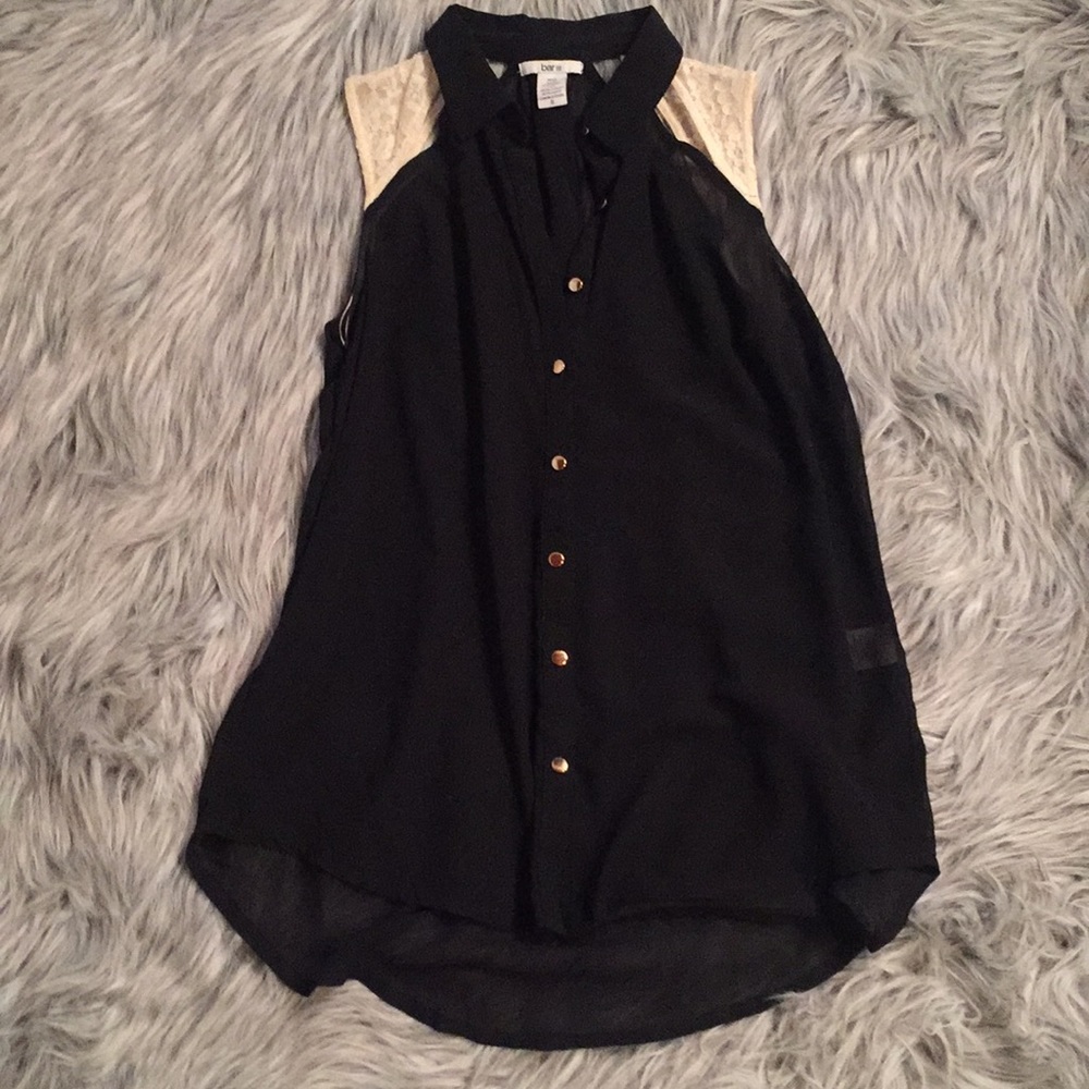 Barlll Sleeveless Sheer Top w/Gold Button and Lace